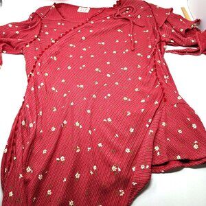 Art To Wear Lagen Tunic Top Womens Large Red Hand painted Daisys Drapey Gauze